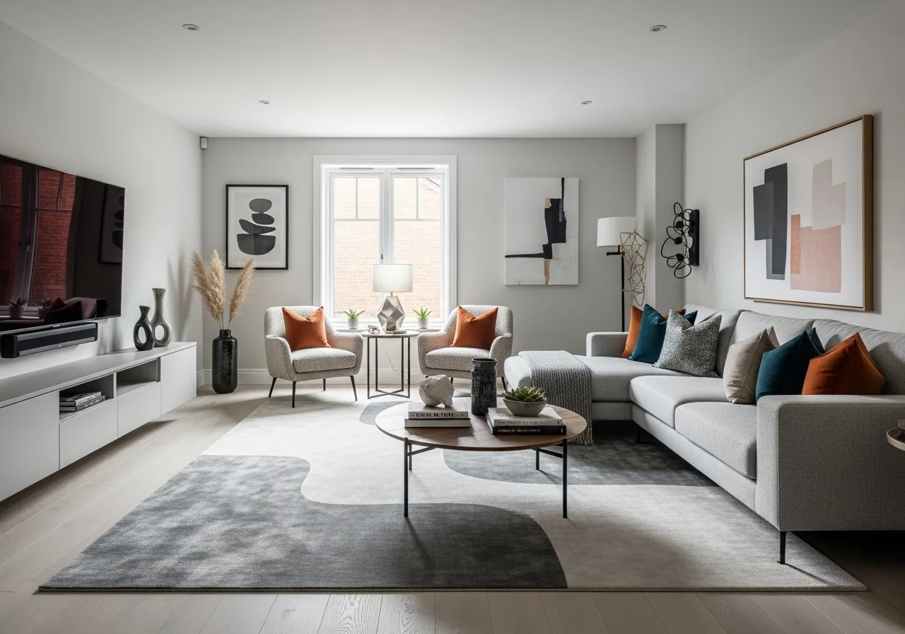 Stijlvolle woonkamer met moderne decoratie en comfortabele meubels