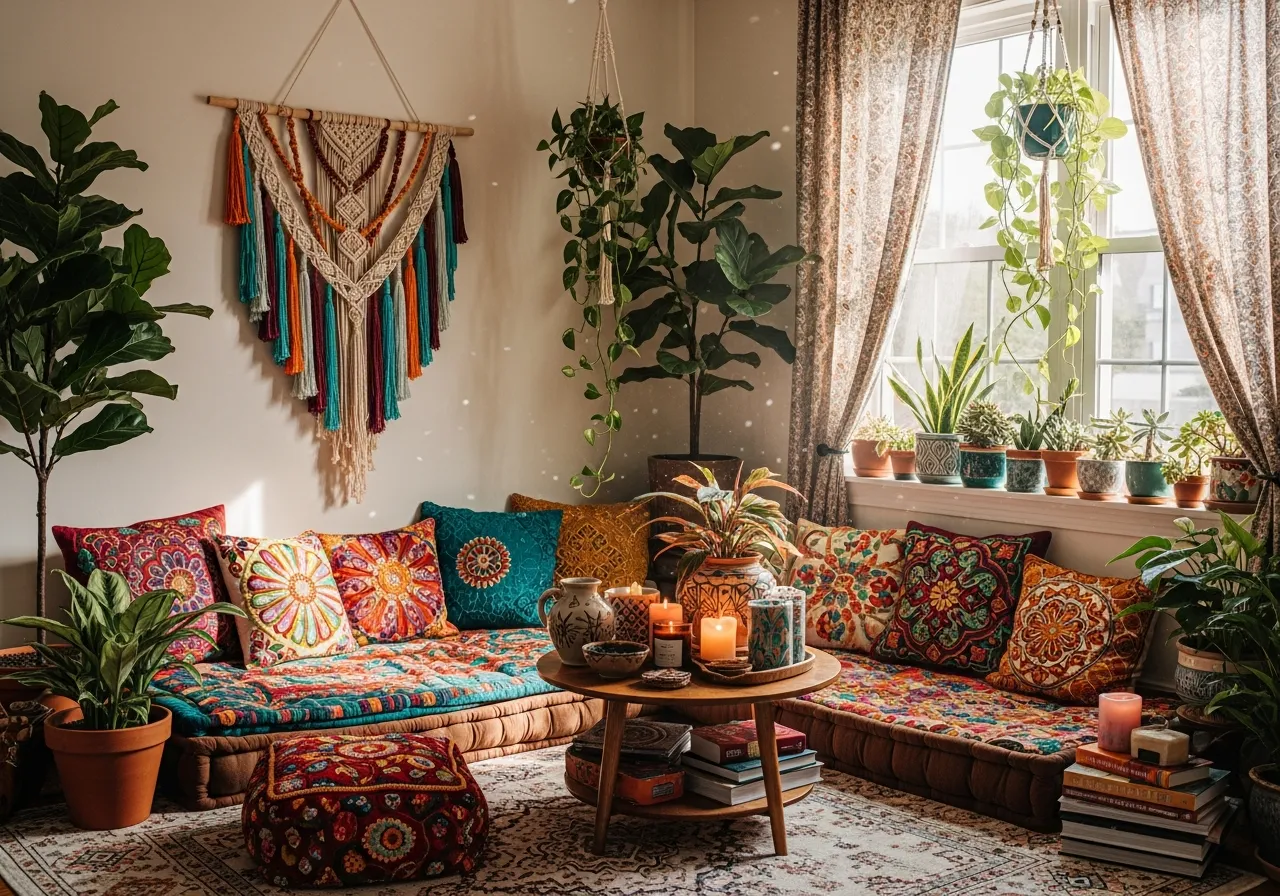 Bohemien decoratie met kleurrijke textiel en planten